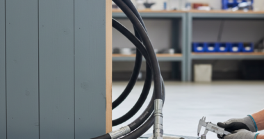 Hydraulische slangen en koppelingen naast gecontroleerd en hersteld schilderwerk op een houten constructie.