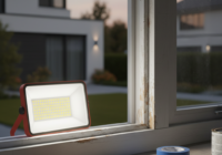 Schilder controleert een houten kozijn met schuin geplaatst LED-werklicht op verfgebreken en houtrot.