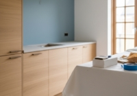 Maatkeuken met houten kasten naast een pas geschilderde wand tijdens de afwerking.