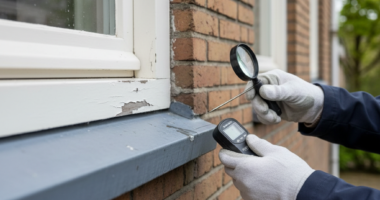 Inspectie van schilderwerk en een houten onderdorpel bij een Nederlandse woning.